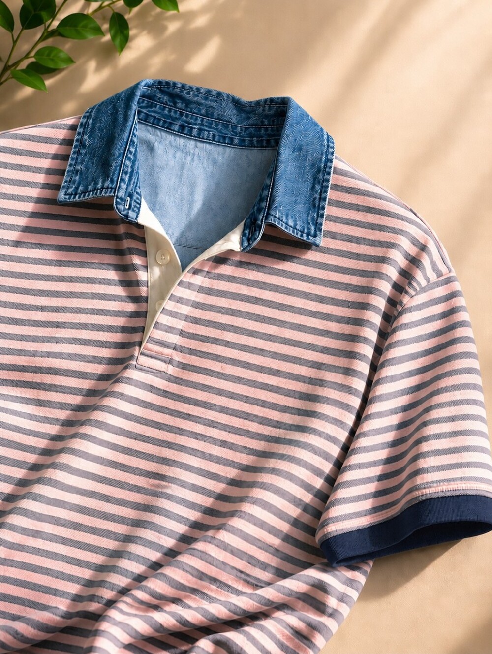 Eddie Bauer Men's Striped Polo Shirt Denim Collar Short Sleeve XLT Casual